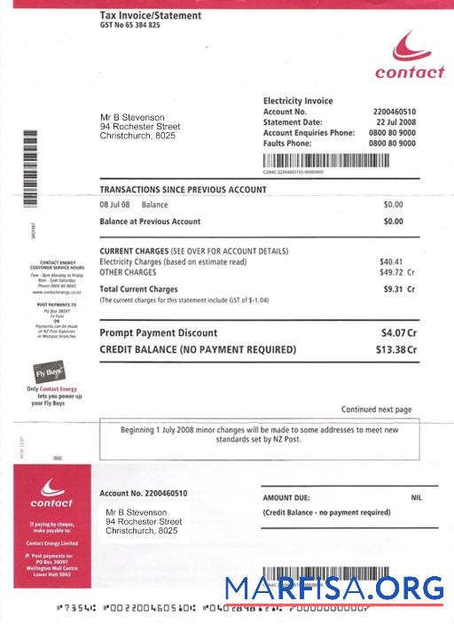 Blank New Zealand Electricity utility bill PSD download for verification